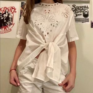 ZARA Women’s Small Front Tie White Embroidered Top